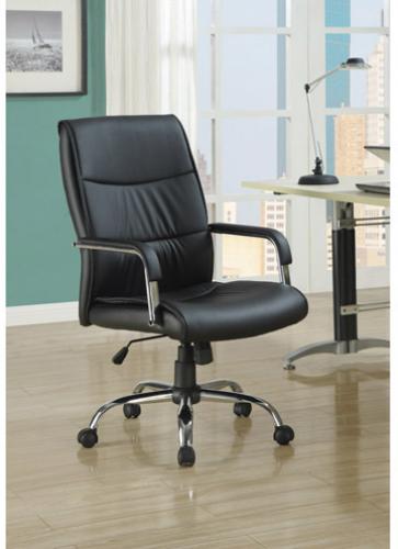 Monarch I 4290 Office Chair - Black Leather-look Fabric; This gorgeous contemporary office chair will add both style and comfort to your home office or study area; The plush high chair back and seat are covered in rich black faux leather for comfortable seating, framed by sleek curved padded metal arms for a modern look; An adjustable height gas lift allows you to customize the fit, with casters below the silver tone base for easy mobility; UPC  021032244804 (I4290 I 4290 I 4290)